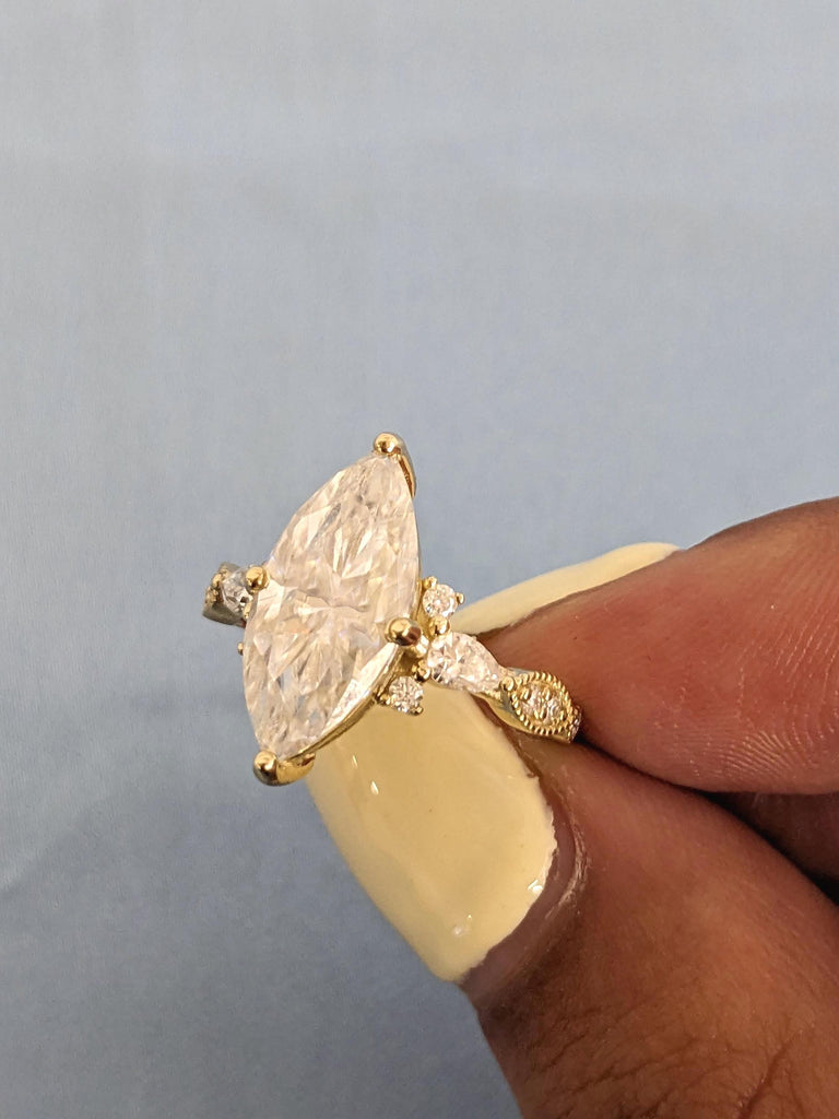 Marquise Lab Diamond Ring: 14K Gold Vintage Engagement Ring for Women