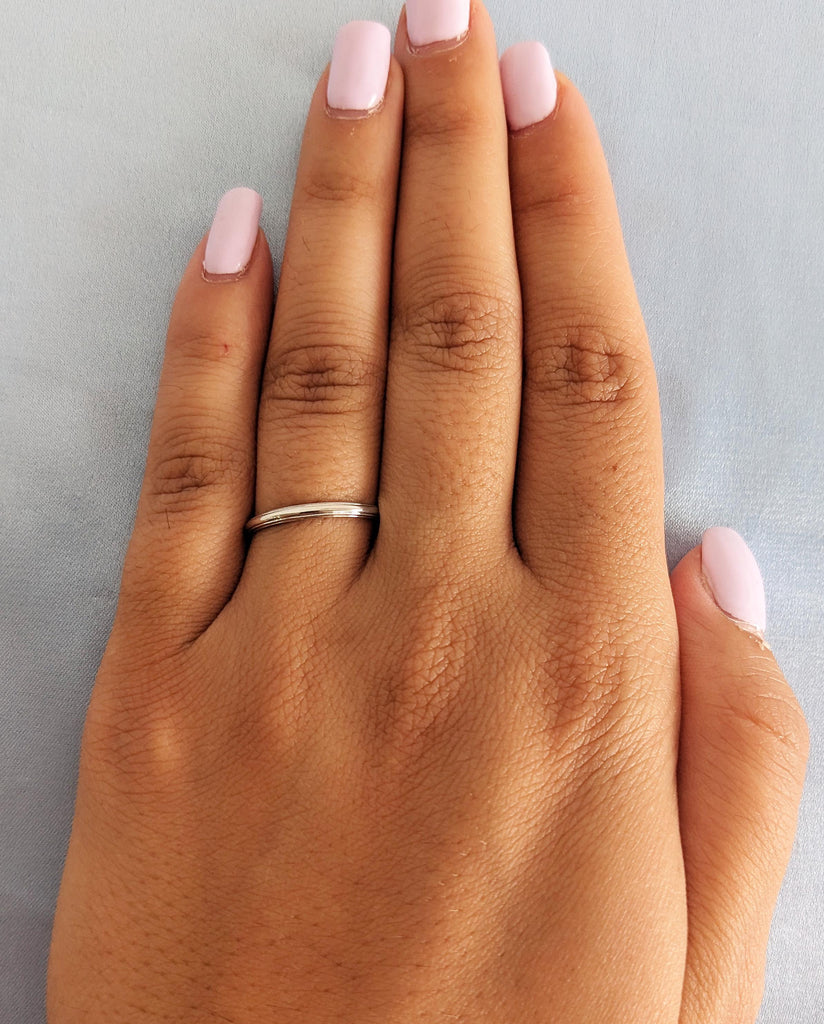Shiny Layered Line Women's Wedding Band, Plain 14K White Gold Matching Ring, Comfit Fit Polished Band