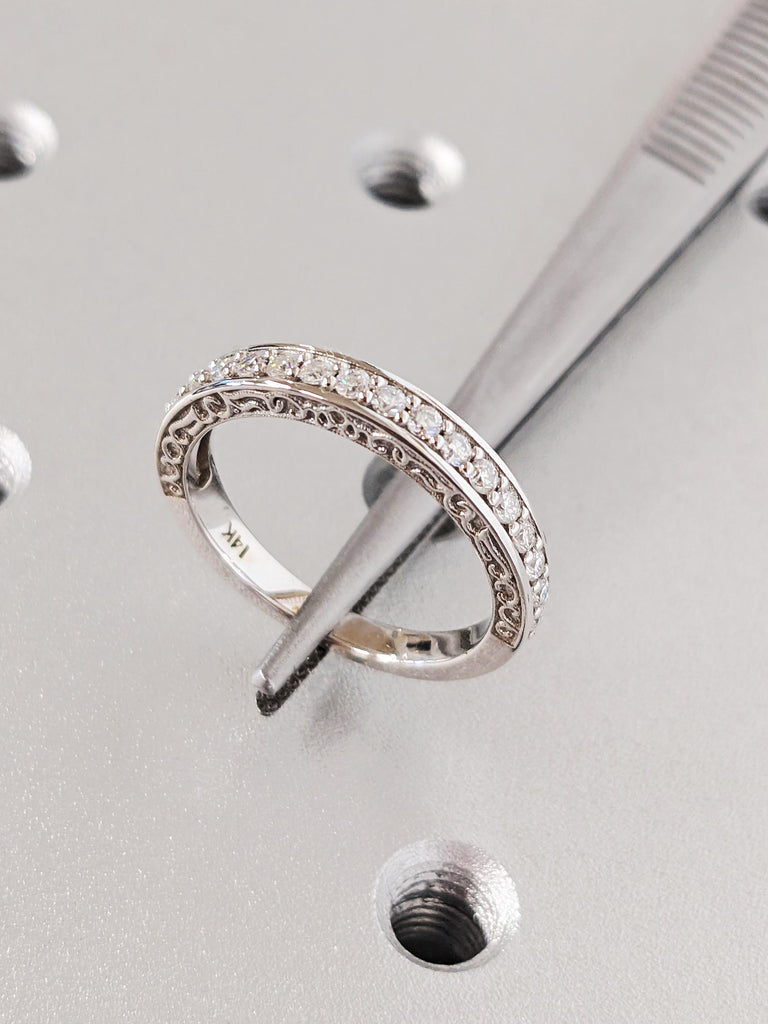 14K White Gold Diamond Wedding Band, Round Cut Pavé Ring, Vintage Filigree Bridal Band, Scroll Engraved Matching Ring