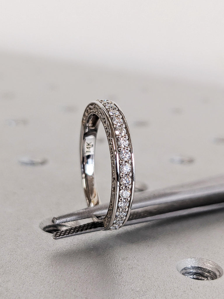 14K White Gold Diamond Wedding Band, Round Cut Pavé Ring, Vintage Filigree Bridal Band, Scroll Engraved Matching Ring