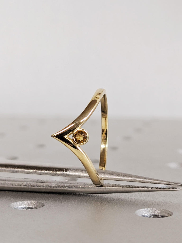 Solid Gold Chevron Matching Engagement Ring, Round Yellow Citrine Stacking Ring, Scorpio Birthstone Wedding Band