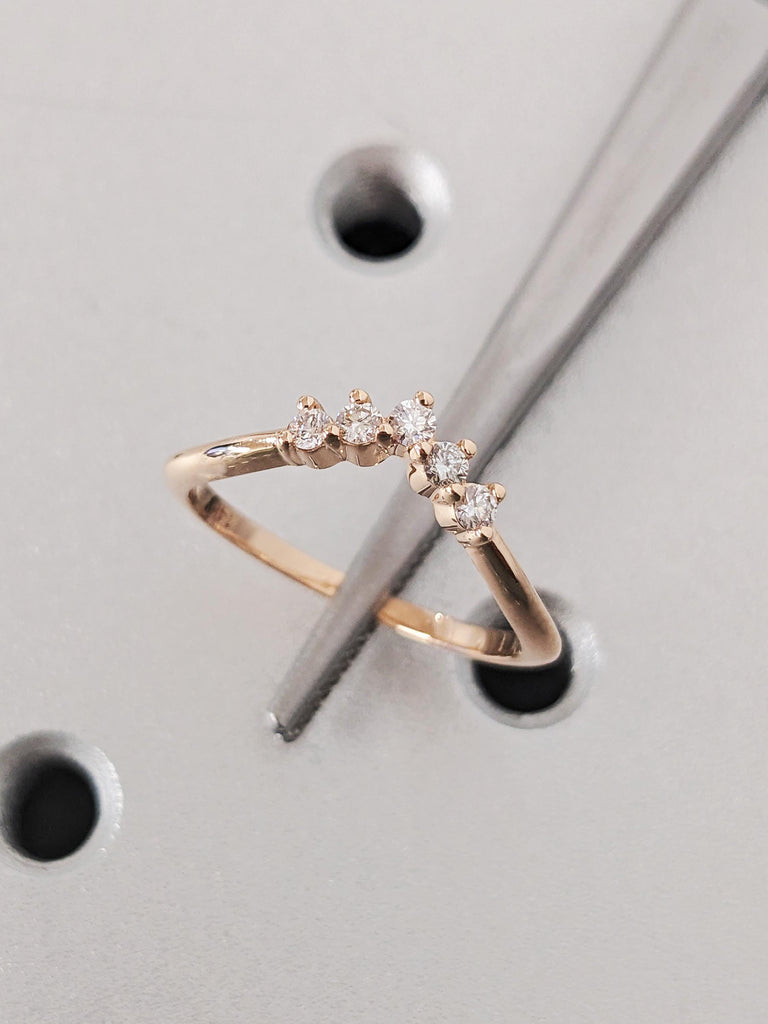 Chevron Matching Bridal Engagement Ring, V Shaped Diamond Wedding Band, Dainty 14K Solid Rose Gold Stacking Ring, Anniversary Gift For Her