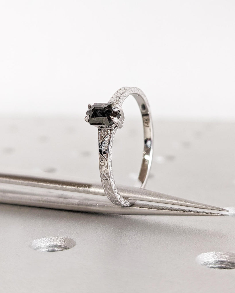 Hexagon Salt and Pepper Diamond Ring, Solitaire Hexagon Diamond Engagement Ring, Filigree Hexagon Wedding Ring, 14K White Gold Vintage Ring