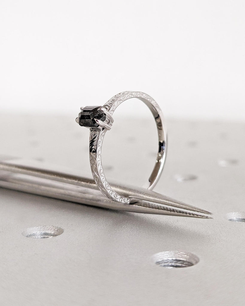 Salt and Pepper Diamond Hexagon Cut Ring: Solitaire Diamond Engagement Ring with Vintage Filigree in 14K White Gold