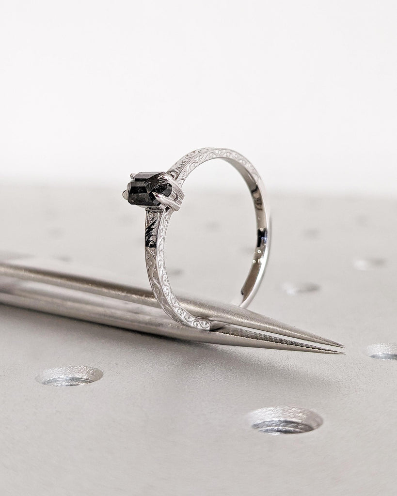 Hexagon Salt and Pepper Diamond Ring, Solitaire Hexagon Diamond Engagement Ring, Filigree Hexagon Wedding Ring, 14K White Gold Vintage Ring