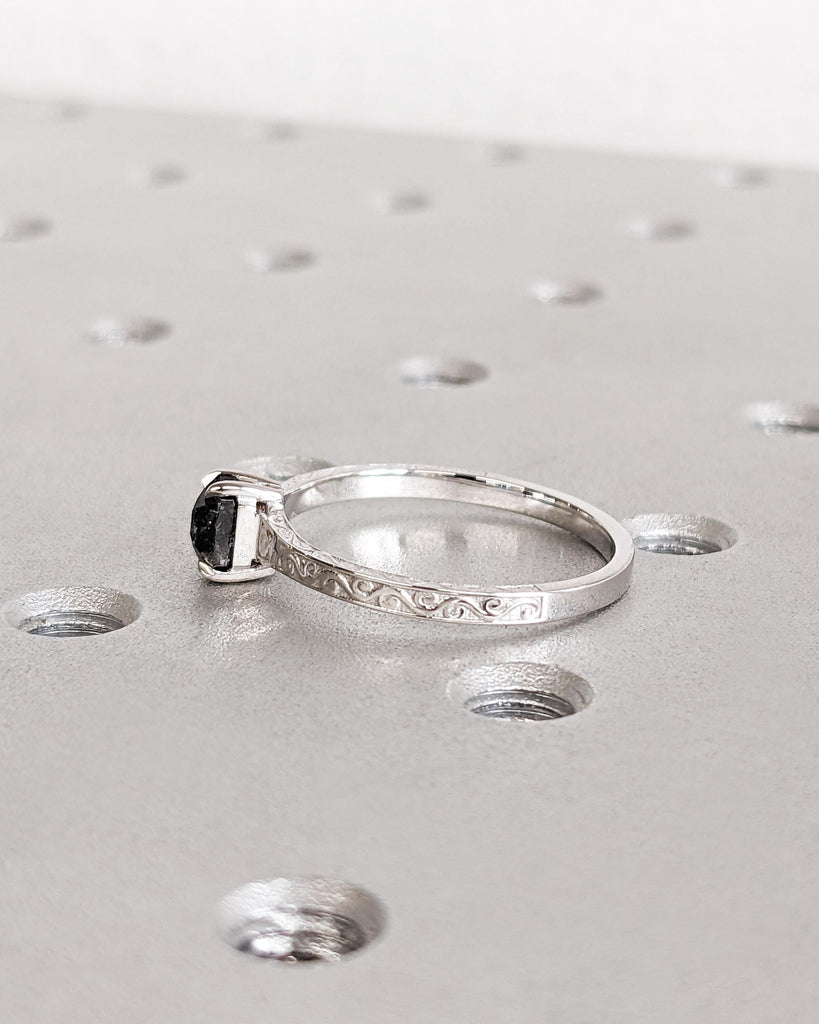 Hexagon Salt and Pepper Diamond Ring, Solitaire Hexagon Diamond Engagement Ring, Filigree Hexagon Wedding Ring, 14K White Gold Vintage Ring