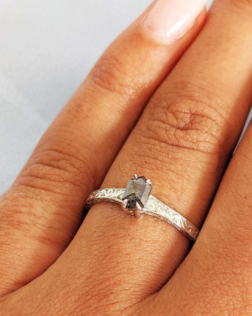 Hexagon Salt and Pepper Diamond Ring, Solitaire Hexagon Diamond Engagement Ring, Filigree Hexagon Wedding Ring, 14K White Gold Vintage Ring