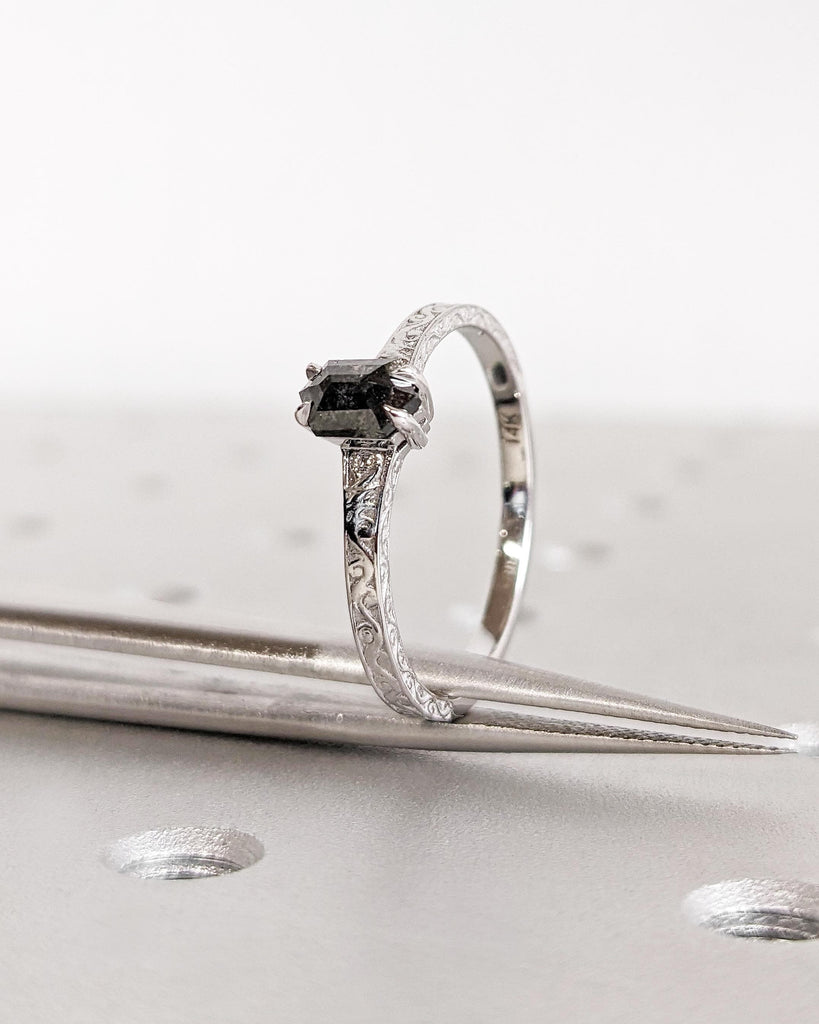 Salt and Pepper Diamond Hexagon Cut Ring: Solitaire Diamond Engagement Ring with Vintage Filigree in 14K White Gold