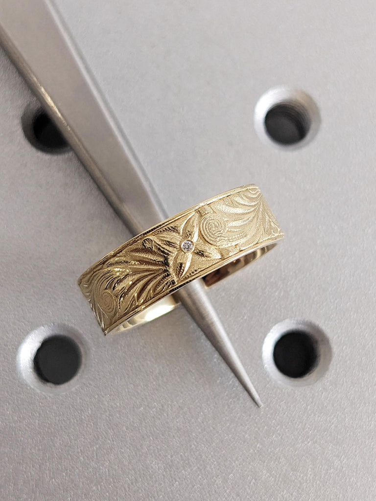 14K Gold Diamond Floral Leaf Wedding Band, Dainty Gold Diamond Men’s Engagement Ring, Vintage Flower Anniversary Ring, Unisex Wedding Band