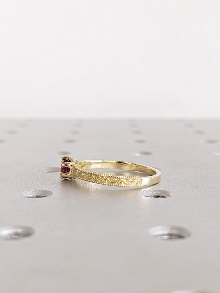 14K Yellow Gold Ruby Engagement Ring, Vintage Milgrain Ruby Wedding Ring, July Birthstone Ring