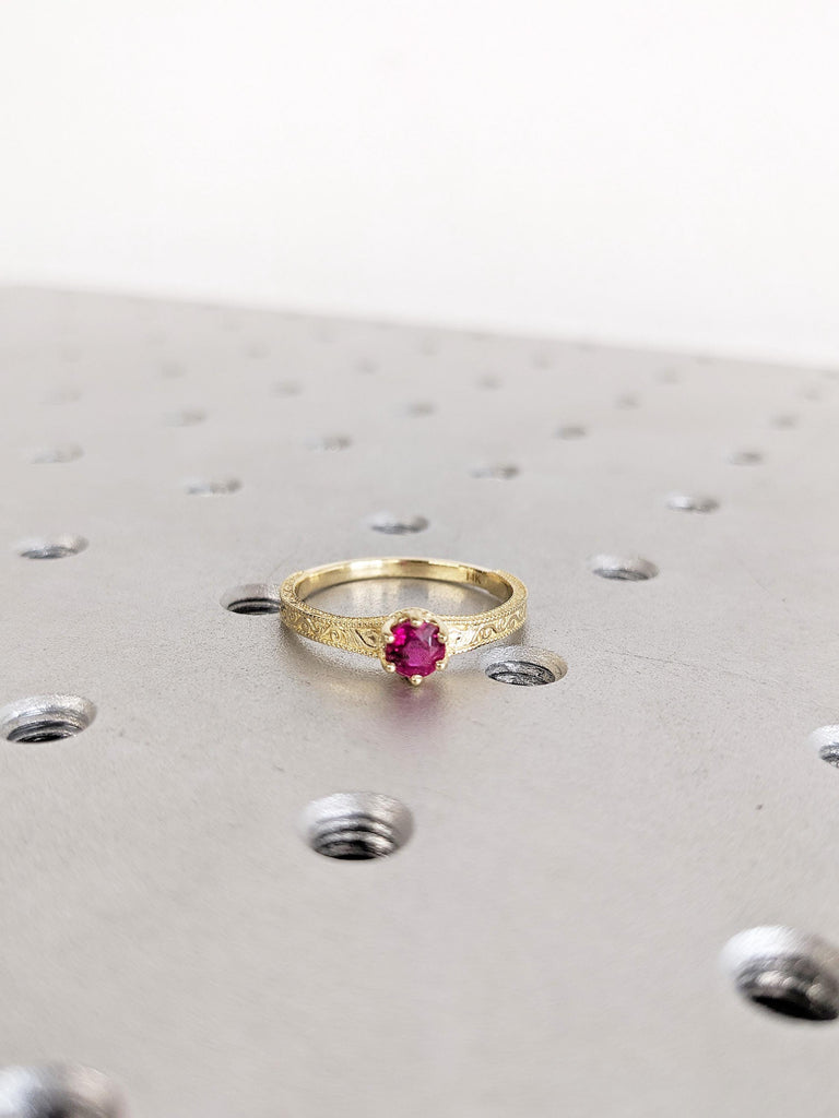 Ruby Engagement Ring, 14K Yellow Gold Vintage Milgrain Ruby Ring, Ruby Wedding Ring, July Birthstone Ring, Promise Ring, Ruby Jewelry Gift