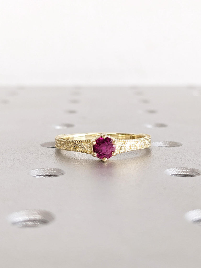 Round Lab-Created Ruby Engagement Ring, 14K Yellow Gold Milgrain Band, Vintage Solid Gold Wedding Ring