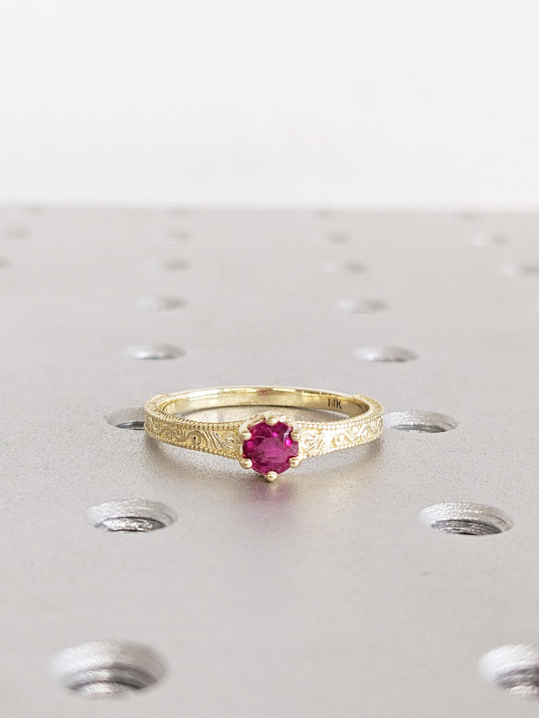 Round Lab-Created Ruby Engagement Ring, 14K Yellow Gold Milgrain Band, Vintage Solid Gold Wedding Ring