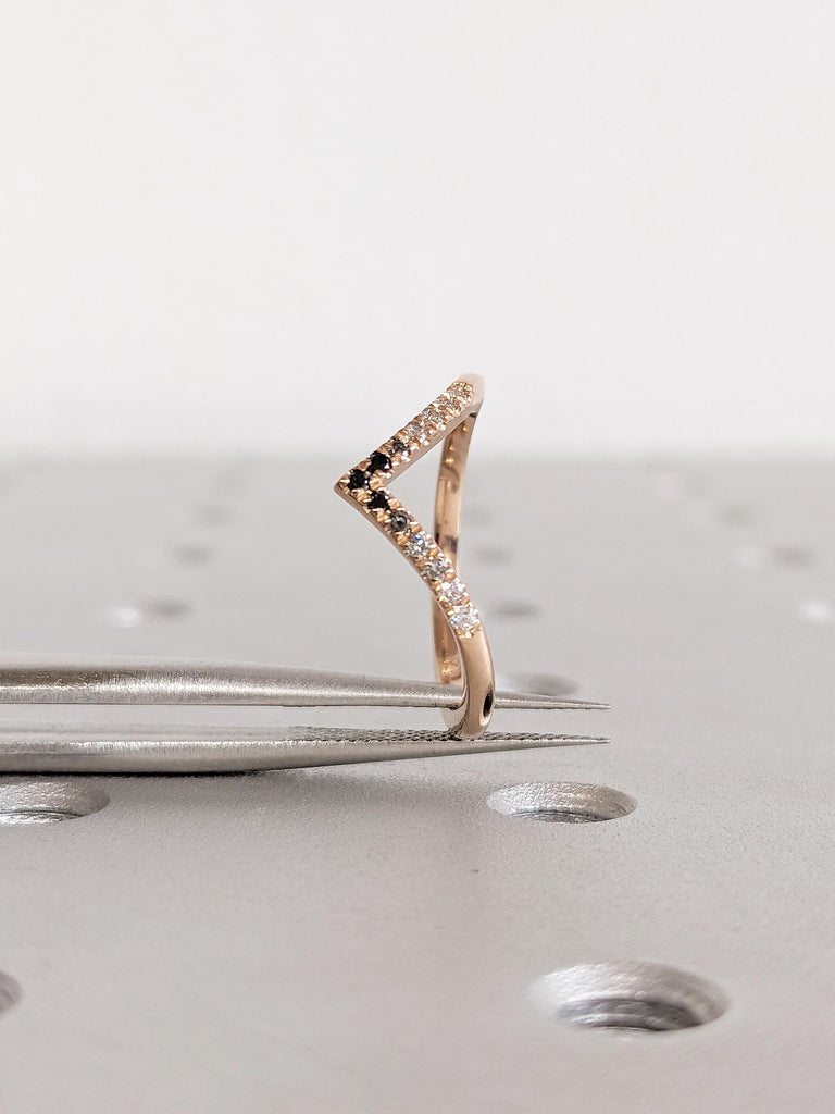 V Shaped Wedding Band, Rose Gold Stacking Ring, Reverse Ombre Diamond Ring, Matching Ring for Women, Anniversary Band, Vintage Wedding Ring