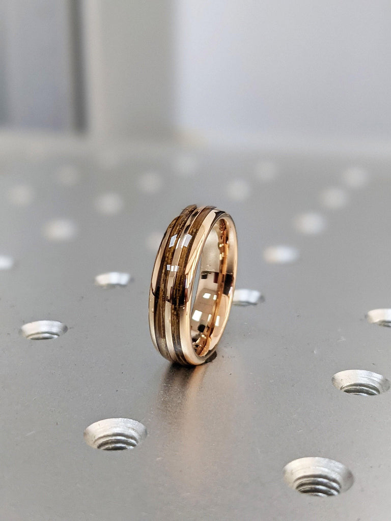 Whiskey Barrel Rose Gold Plated Tungsten Mens Engagement Rings | Koa Wood Ring 6mm Male Wedding Bands | Dome Shape Mens Rings Fashion