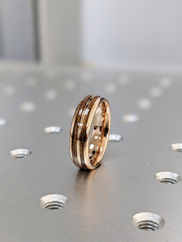 Whiskey Barrel Rose Gold Plated Tungsten Mens Engagement Rings | Koa Wood Ring 6mm Male Wedding Bands | Dome Shape Mens Rings Fashion
