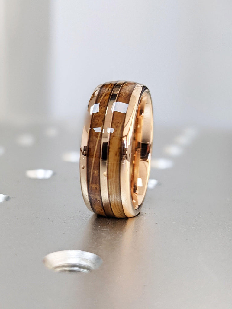 Koa Wood Ring Domed 8mm Male Wedding Bands | Whiskey Barrel Wooden Wedding Rings | Rose Gold Plated Tungsten Rings For Men | Manly Bands