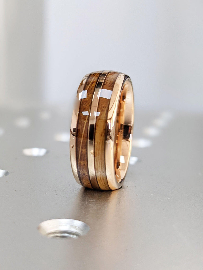 Koa Wood Ring Domed 8mm Male Wedding Bands | Whiskey Barrel Wooden Wedding Rings | Rose Gold Plated Tungsten Rings For Men | Manly Bands