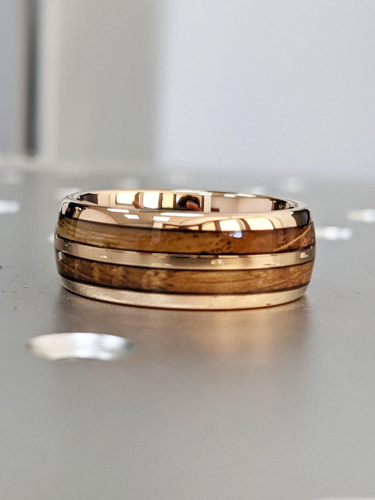 Koa Wood Ring Domed 8mm Male Wedding Bands | Whiskey Barrel Wooden Wedding Rings | Rose Gold Plated Tungsten Rings For Men | Manly Bands