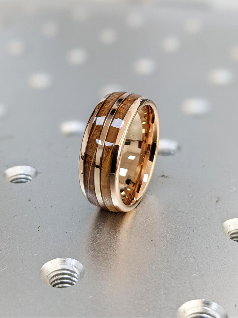 Koa Wood Ring Domed 8mm Male Wedding Bands | Whiskey Barrel Wooden Wedding Rings | Rose Gold Plated Tungsten Rings For Men | Manly Bands