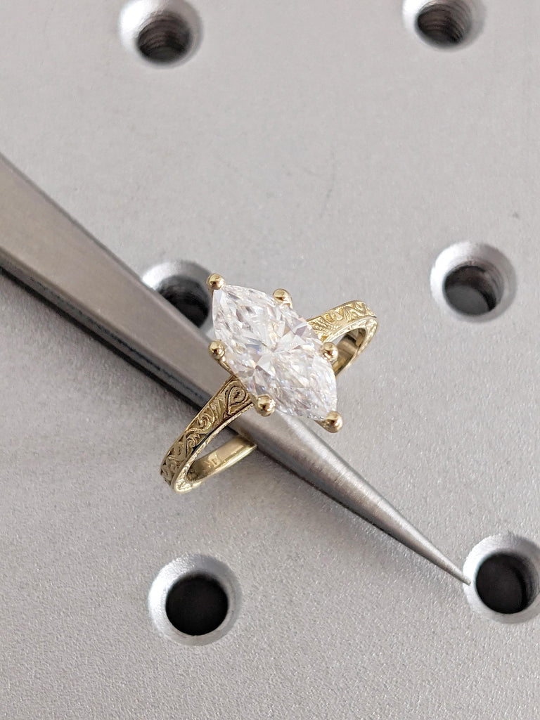14K Yellow Gold Marquise Cut Moissanite Engagement Ring, Vintage Filigree Moissanite Ring, Women's Solitaire Wedding Ring, Ring Gift For Her