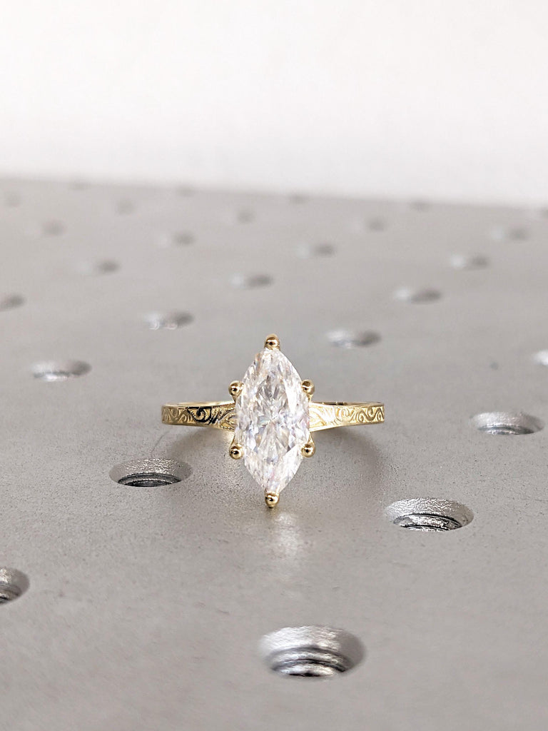 14K Yellow Gold Marquise Cut Moissanite Engagement Ring, Vintage Filigree Moissanite Ring, Women's Solitaire Wedding Ring, Ring Gift For Her
