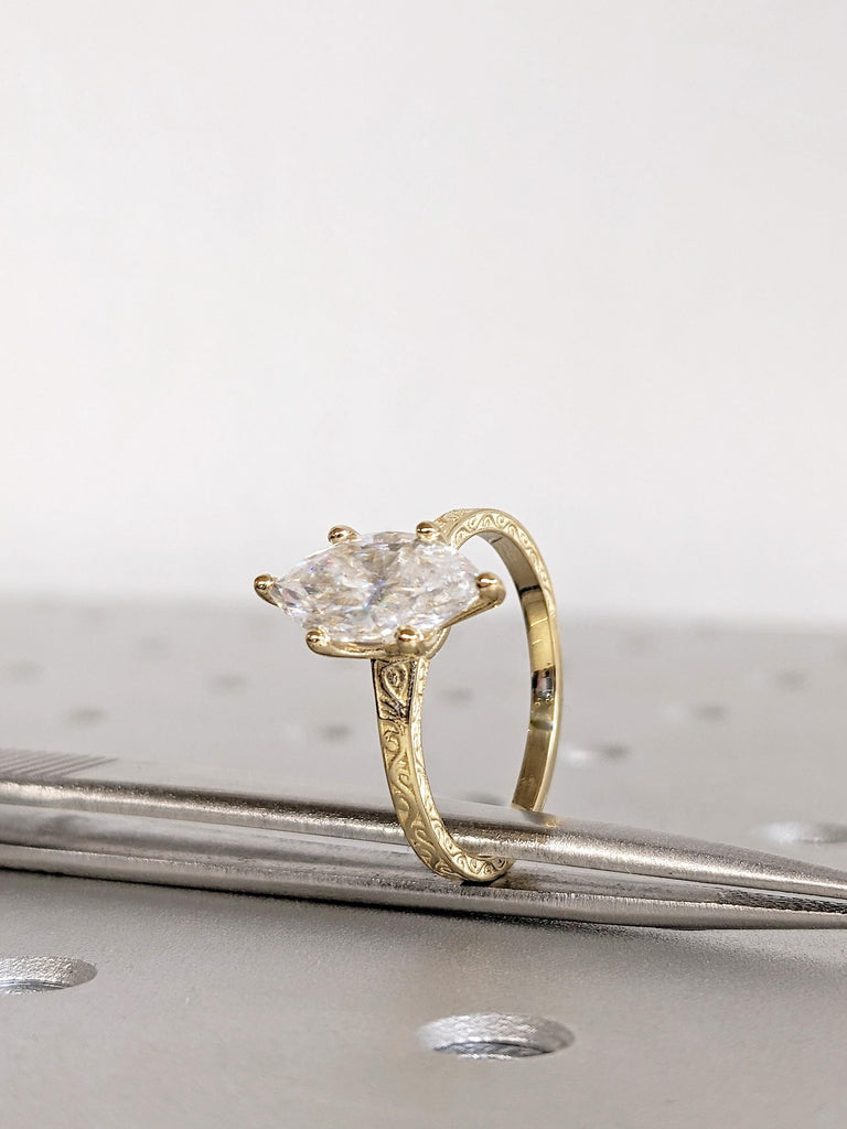 Lab Grown Diamond Engagement Ring, Marquise Cut Lab Diamond Ring, 14K Yellow Gold Vintage Filigree Wedding Ring, Bridal Jewelry Gift For Her