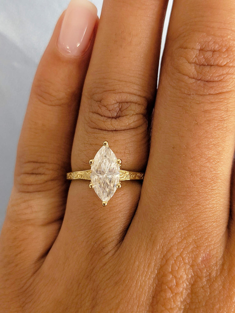 Marquise Cut Lab Grown Diamond Engagement Ring, 14K Yellow Gold Vintage Filigree Band, Diamond Bridal Ring