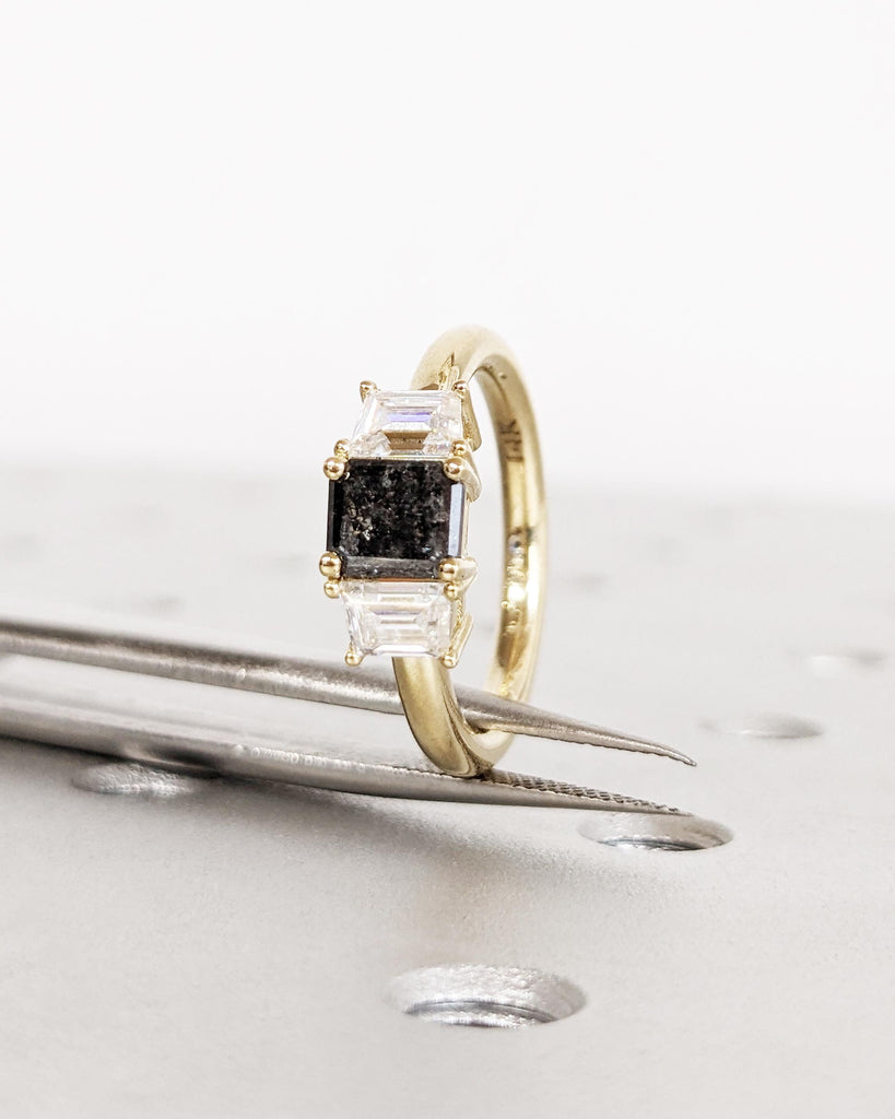 Three Stone Emerald Cut Salt and Pepper Diamond Engagement Ring, Trapezoid Moissanite, 3 Stone Wedding Ring for Women, Natural Diamond Ring image #6