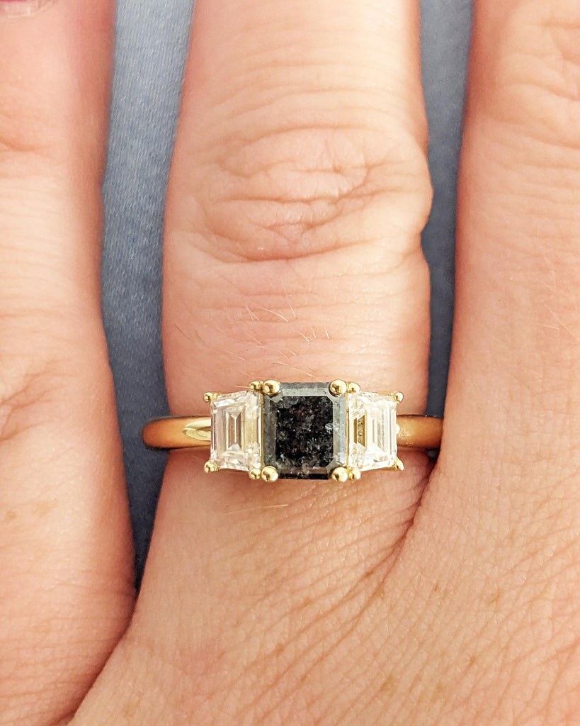 Three Stone Emerald Cut Salt and Pepper Diamond Engagement Ring, Trapezoid Moissanite, 3 Stone Wedding Ring for Women, Natural Diamond Ring image #2