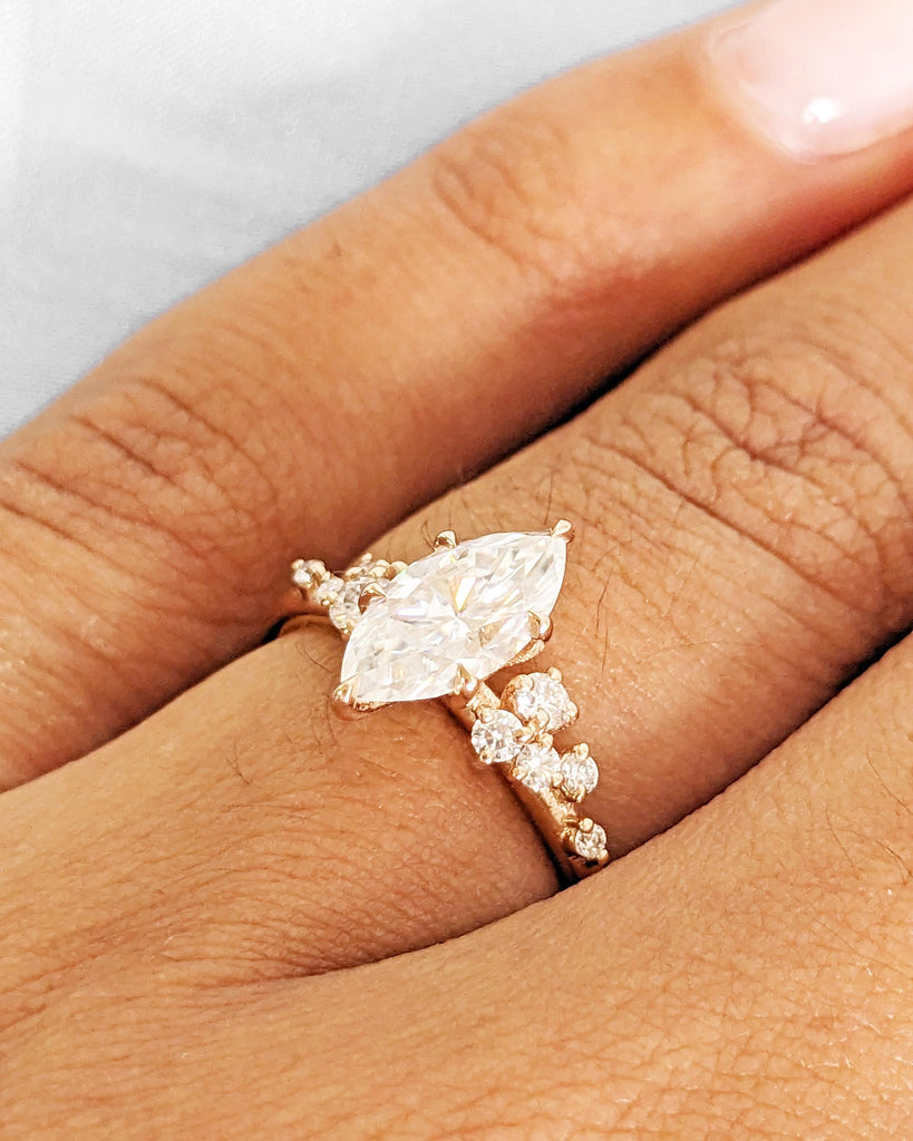 Marquise Moissanite Engagement Ring, 14K Rose Gold, Snowdrift Diamond Cluster, Vintage Wedding Ring