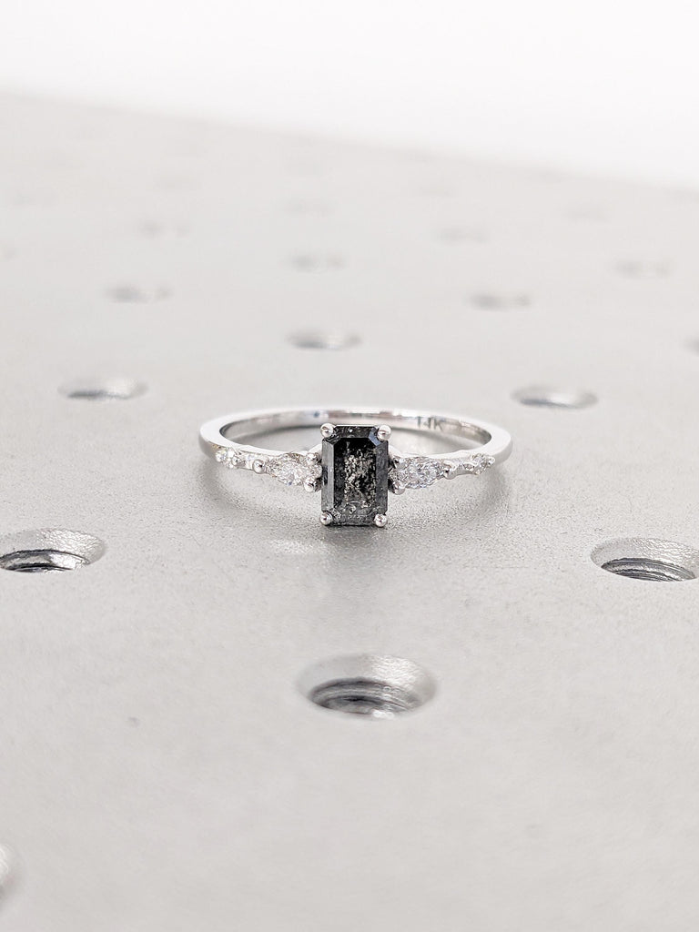 0.5-2.25ct Salt and Pepper Diamond Ring, Vintage 18k/14k White Gold Emerald Cut Engagement Ring, Round, Marquise Moissanite Side Stones