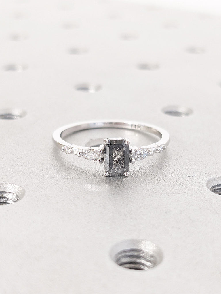 Emerald Cut Salt and Pepper Diamond Engagement Ring, Unique 14k White Gold Ring
