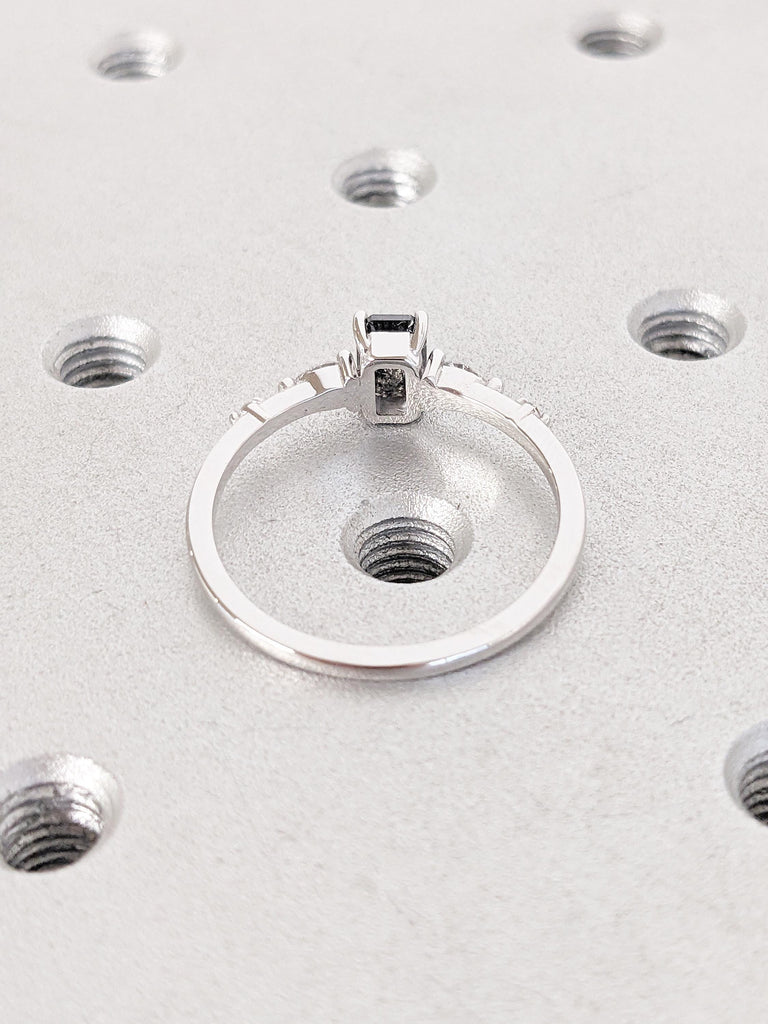 Emerald Cut Salt and Pepper Diamond Engagement Ring, Unique 14k White Gold Ring