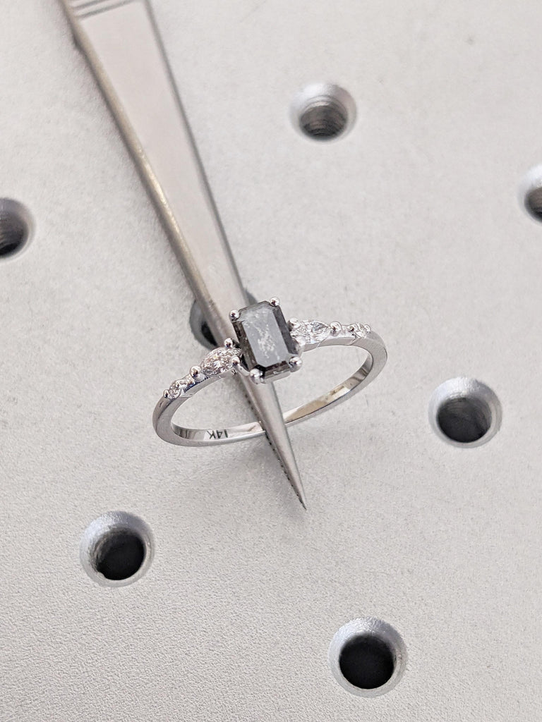 Emerald Cut Salt and Pepper Diamond Engagement Ring, Unique 14k White Gold Ring