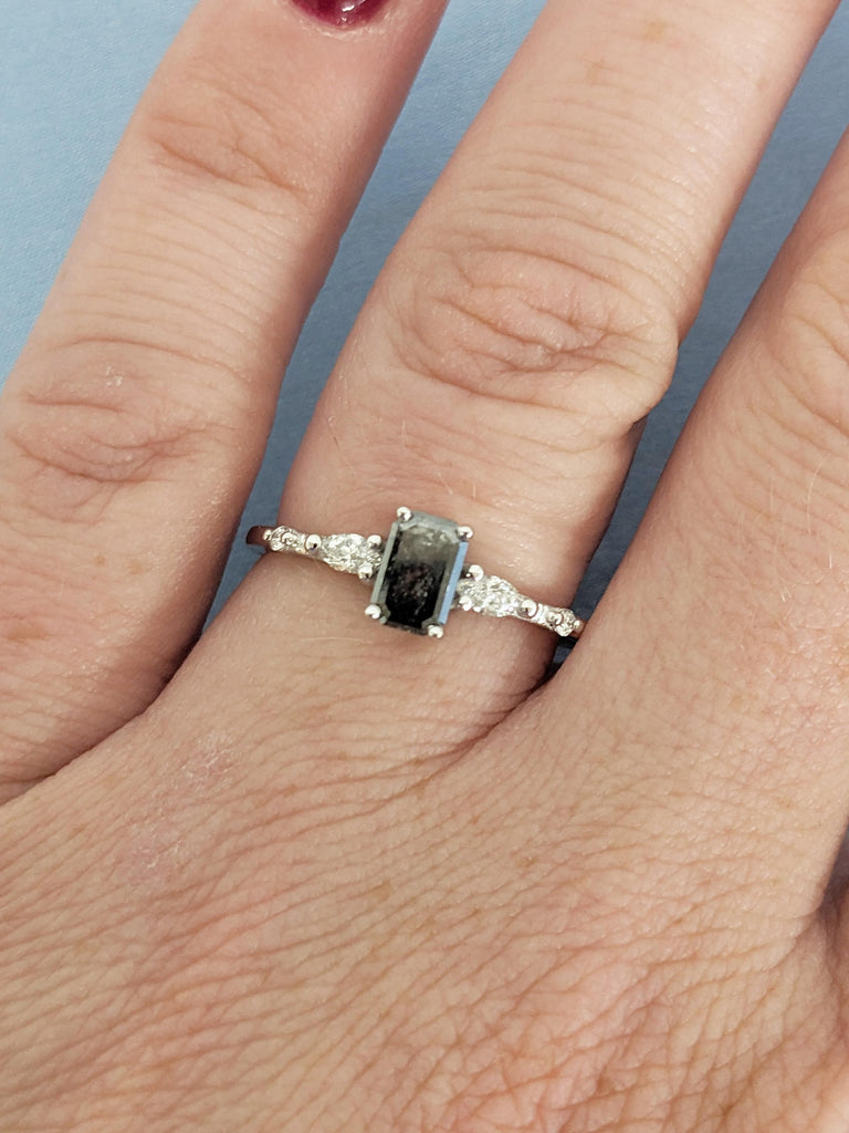 Emerald Cut Salt and Pepper Diamond Engagement Ring, Unique 14k White Gold Ring