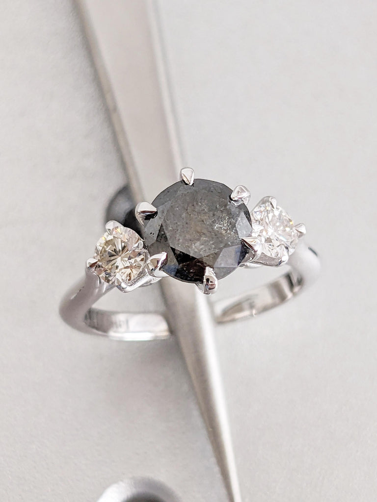 Unique 14k White Gold Salt and Pepper Diamond Engagement Ring, Polished Finish Round Cut Trellis Setting Ring, Past Present Future Ring