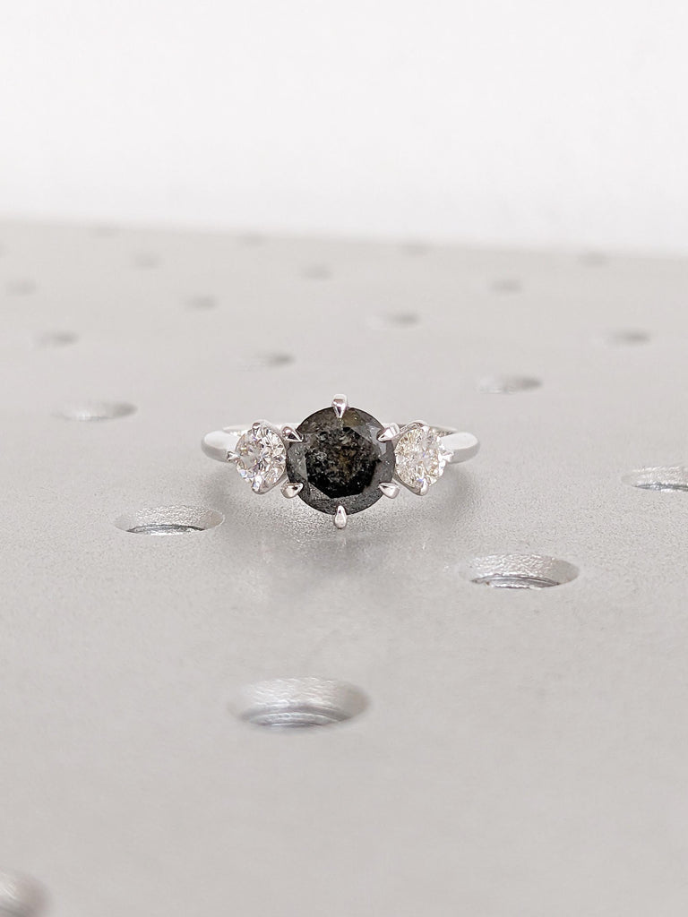 Unique 14k White Gold Salt and Pepper Diamond Engagement Ring, Polished Finish Round Cut Trellis Setting Ring, Past Present Future Ring