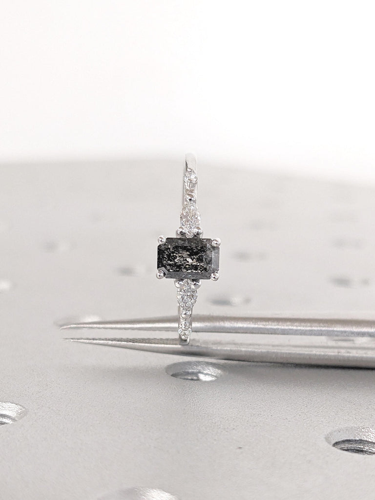 0.5-2.25ct Salt and Pepper Diamond Ring, Vintage 18k/14k White Gold Emerald Cut Engagement Ring, Round, Marquise Moissanite Side Stones