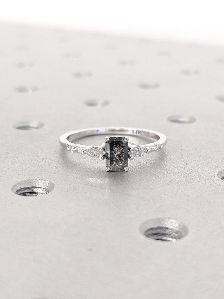 Emerald Cut Engagement Ring, Round, Marquise Moissanite Side Stones