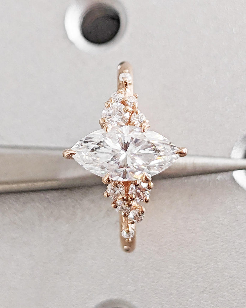 Marquise Lab Grown Diamond Engagement Ring, Snowdrift Moissanite or Diamond Cluster Vintage Wedding Ring, 14K Rose Gold