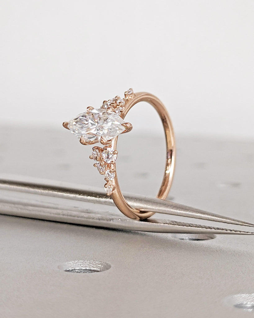 Marquise Moissanite Engagement Ring, 14K Rose Gold, Snowdrift Diamond Cluster, Vintage Wedding Ring