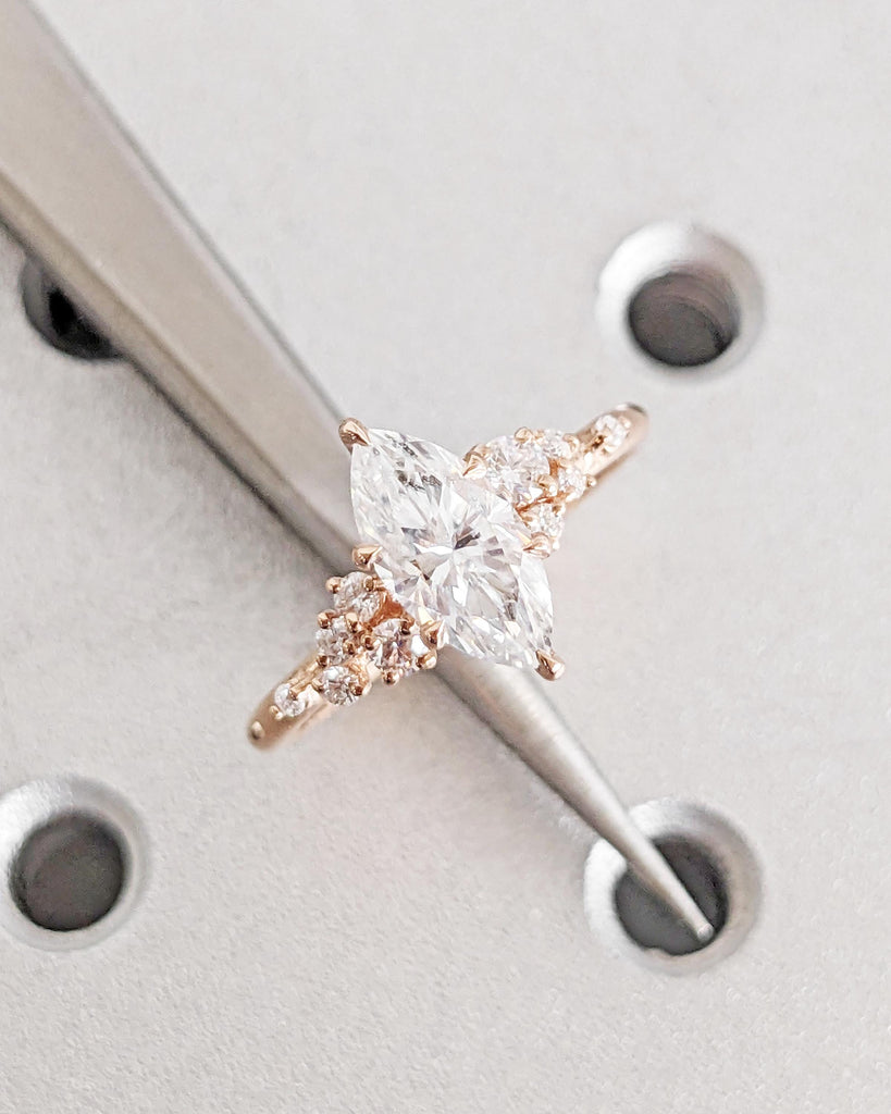 Marquise Lab Grown Diamond 14K Rose Gold Engagement Ring, Unique Snowdrift 6 Prong Diamond Cluster Promise Ring Vintage Wedding Ring for Her