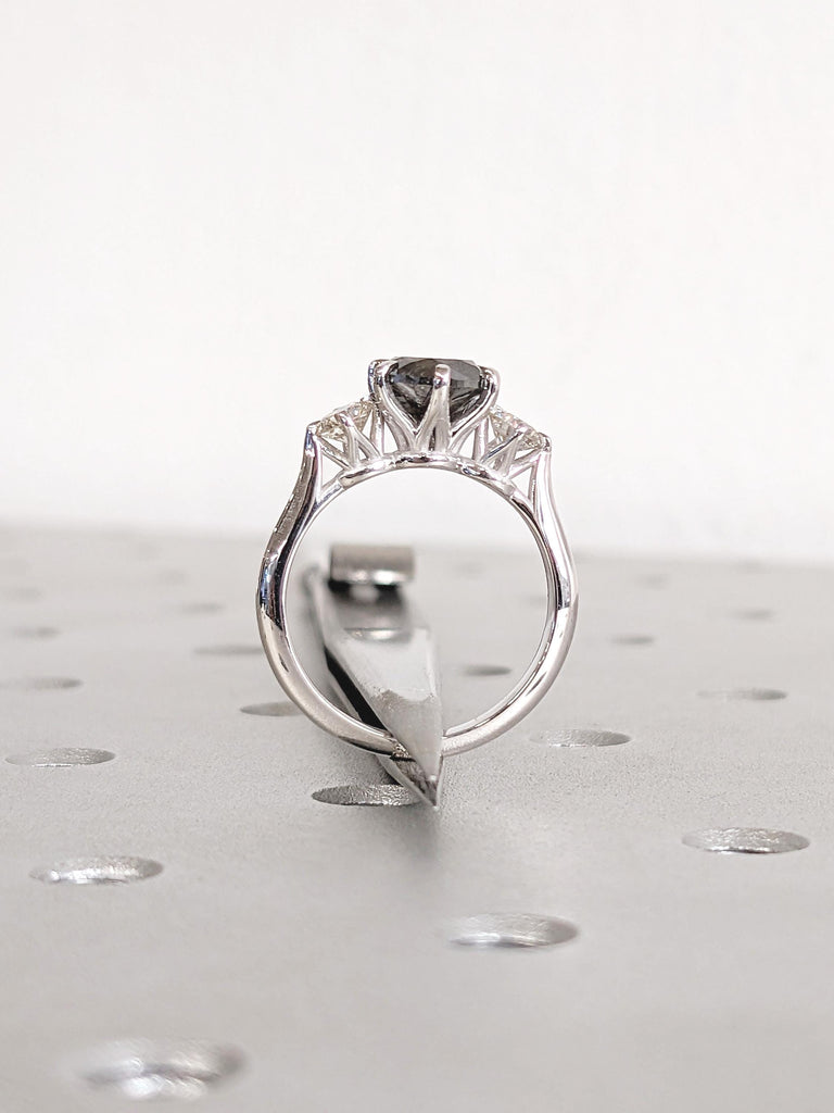 Unique 14k White Gold Salt and Pepper Diamond Engagement Ring, Polished Finish Round Cut Trellis Setting Ring, Past Present Future Ring