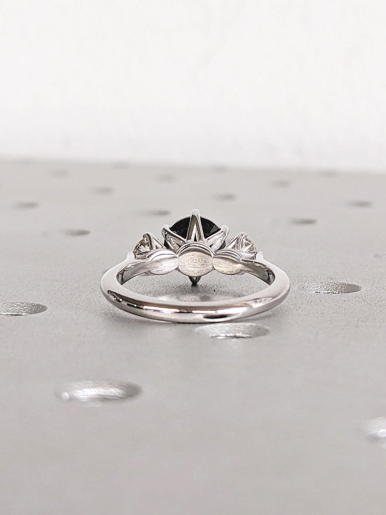 Unique 14k White Gold Salt and Pepper Diamond Engagement Ring, Polished Finish Round Cut Trellis Setting Ring, Past Present Future Ring