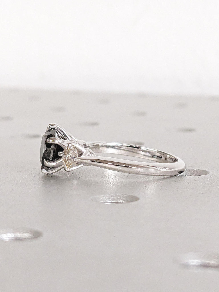 Unique 14k White Gold Salt and Pepper Diamond Engagement Ring, Polished Finish Round Cut Trellis Setting Ring, Past Present Future Ring