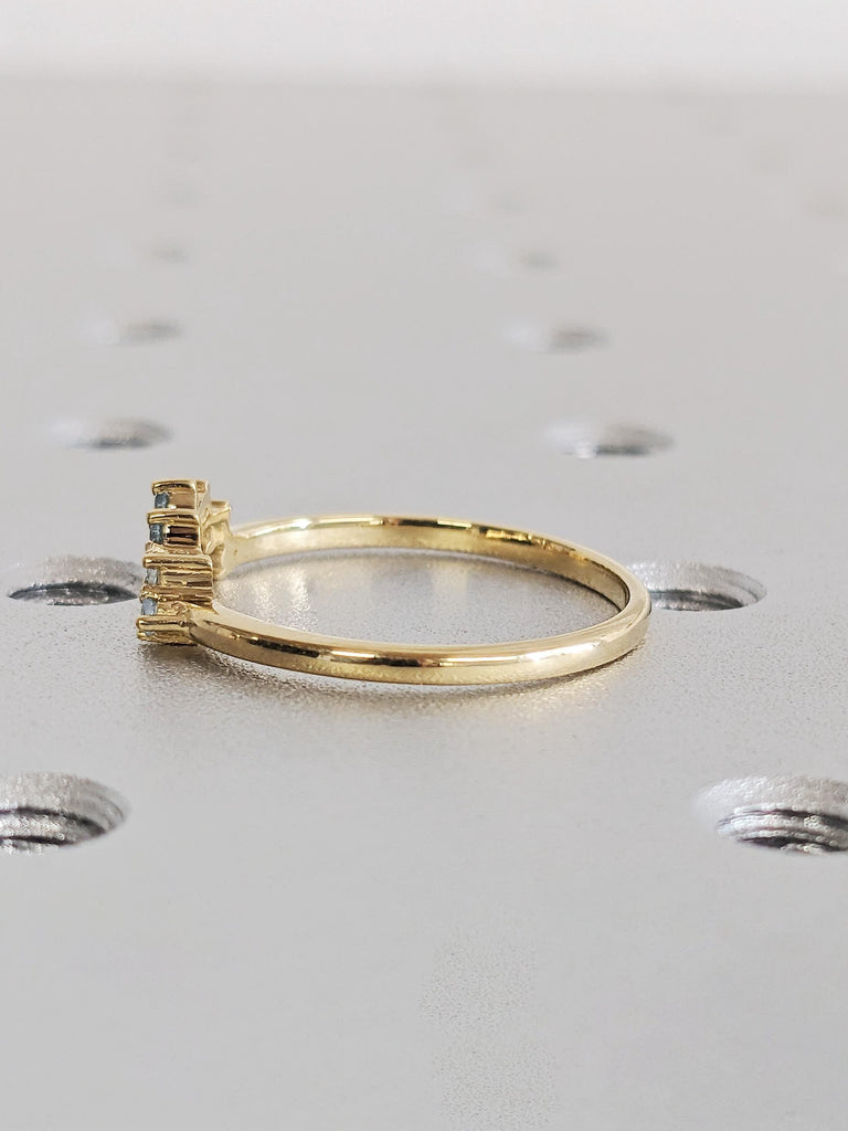 Aquamarine Birthstone Stacking Engagement Ring, Dainty 14K Yellow Gold Curved Aquamarine Wedding Band, Round Customized Gold Ring for Women