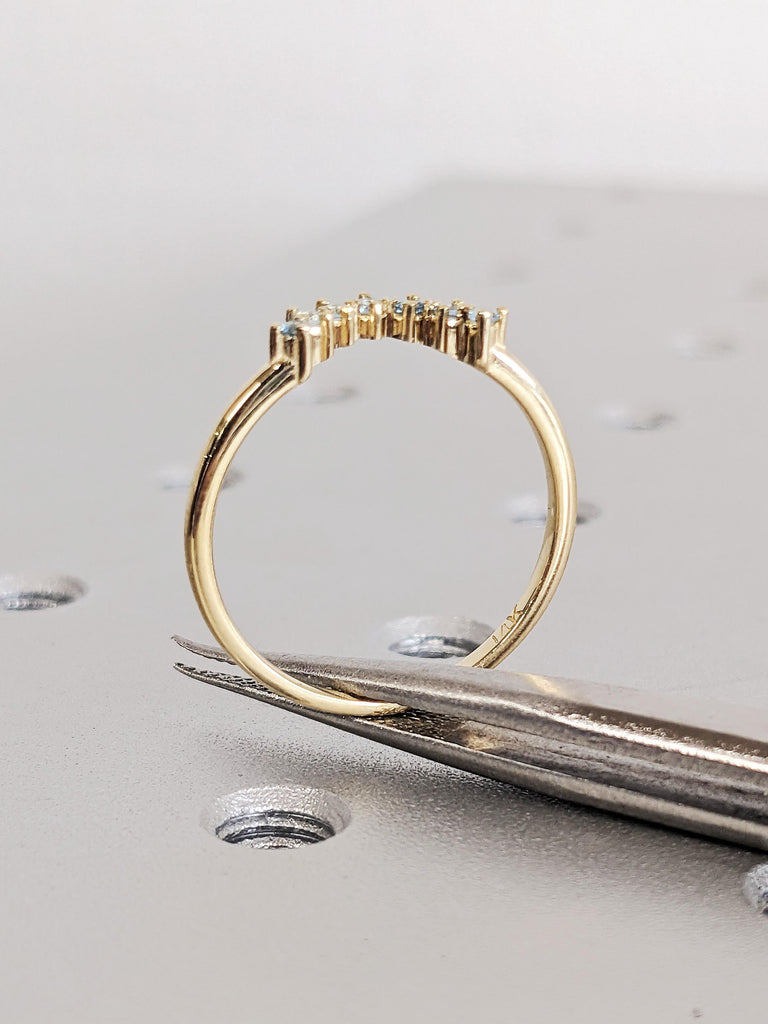 Aquamarine Birthstone Stacking Engagement Ring, Dainty 14K Yellow Gold Curved Aquamarine Wedding Band, Round Customized Gold Ring for Women