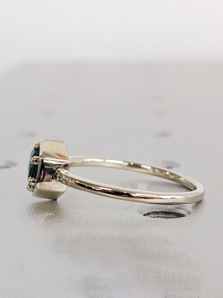 Round Natural Emerald Engagement Ring, Thin 14K Solid White Gold Band, Diamond Bezel Wedding Anniversary Ring, Green Emerald Promise Ring