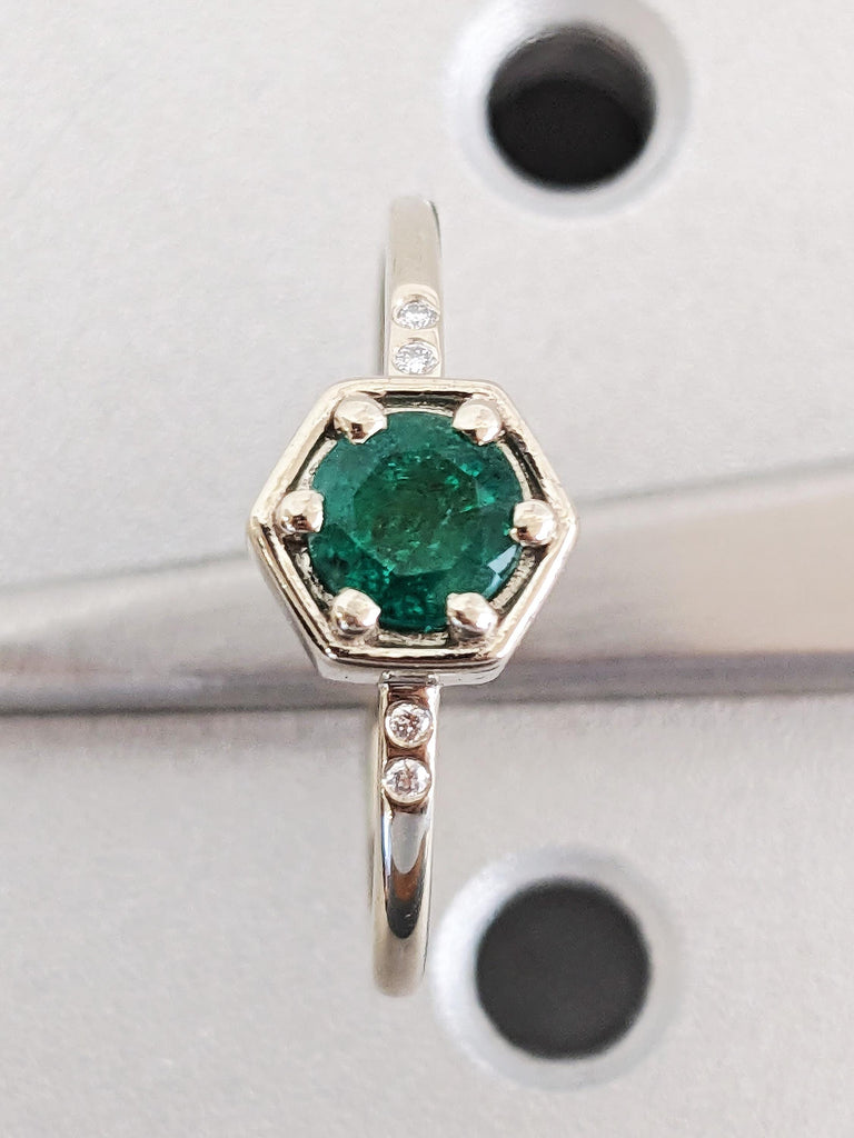 Green Taurus Emerald Engagement Ring, Round Diamond Octagonal Bezel Band, 14K Solid White Gold Women's Ring